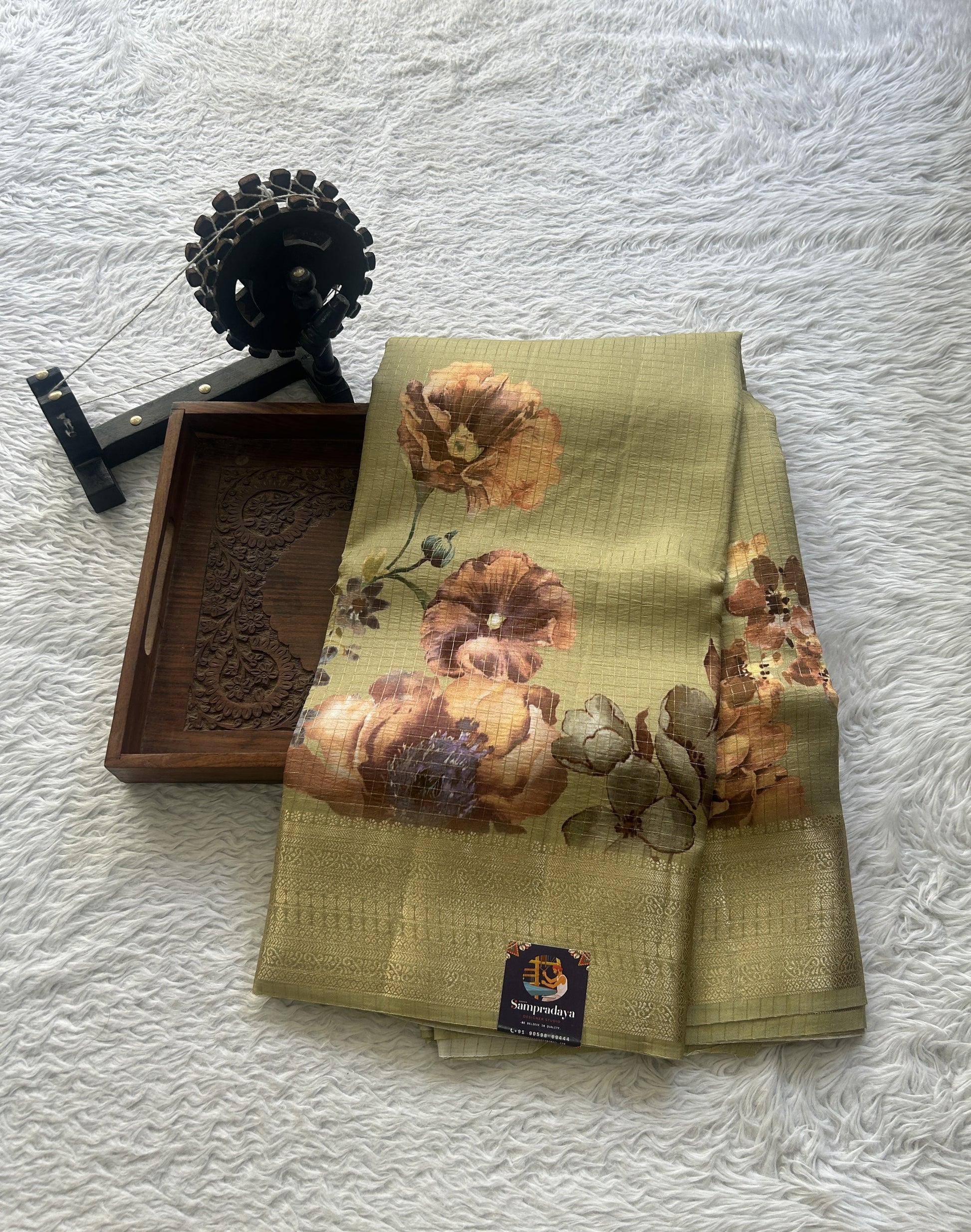 Dola Crepe Saree Pear Colored Elegantly Paired with a Zari Border. - Sampradaya Designer Studio