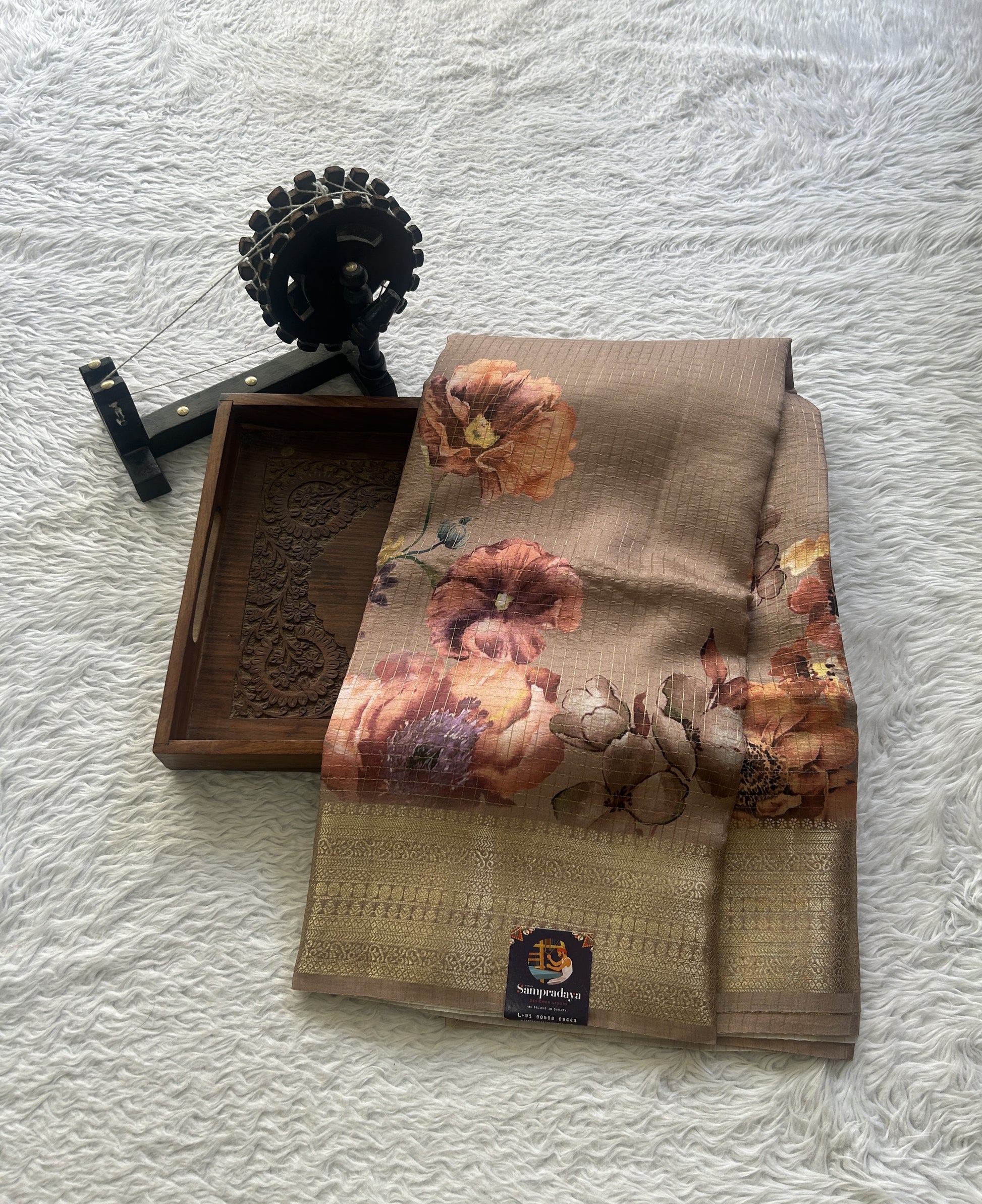 Dola Crepe Saree Light Brown Colored Elegantly Paired with a Zari Border. - Sampradaya Designer Studio