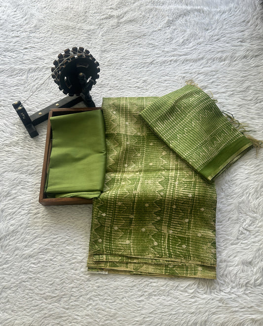 Chanderi Cotton Dress Material Green Colored Complemented with a Borderless. - Sampradaya Designer Studio
