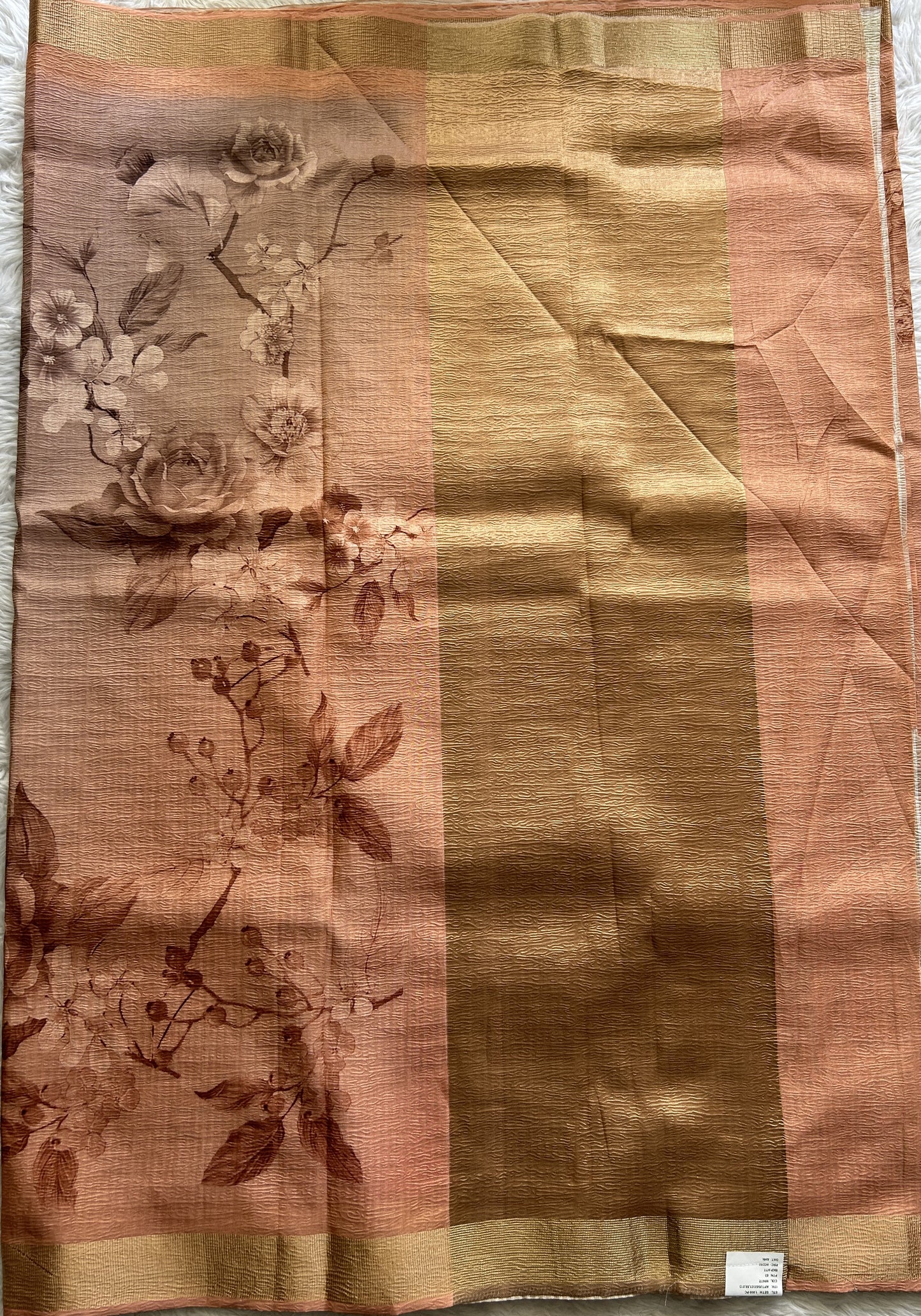 Banarasi Fancy Crushed Saree Peach Colored Complemented with a Lavender Color Zari Border. - Sampradaya Designer Studio