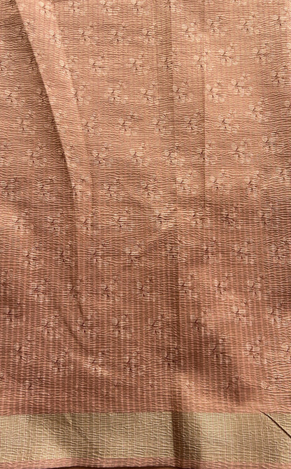 Banarasi Fancy Crushed Saree Peach Colored Complemented with a Lavender Color Zari Border. - Sampradaya Designer Studio