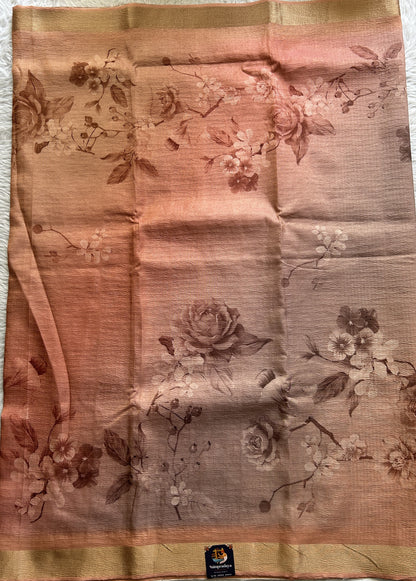 Banarasi Fancy Crushed Saree Peach Colored Complemented with a Lavender Color Zari Border. - Sampradaya Designer Studio