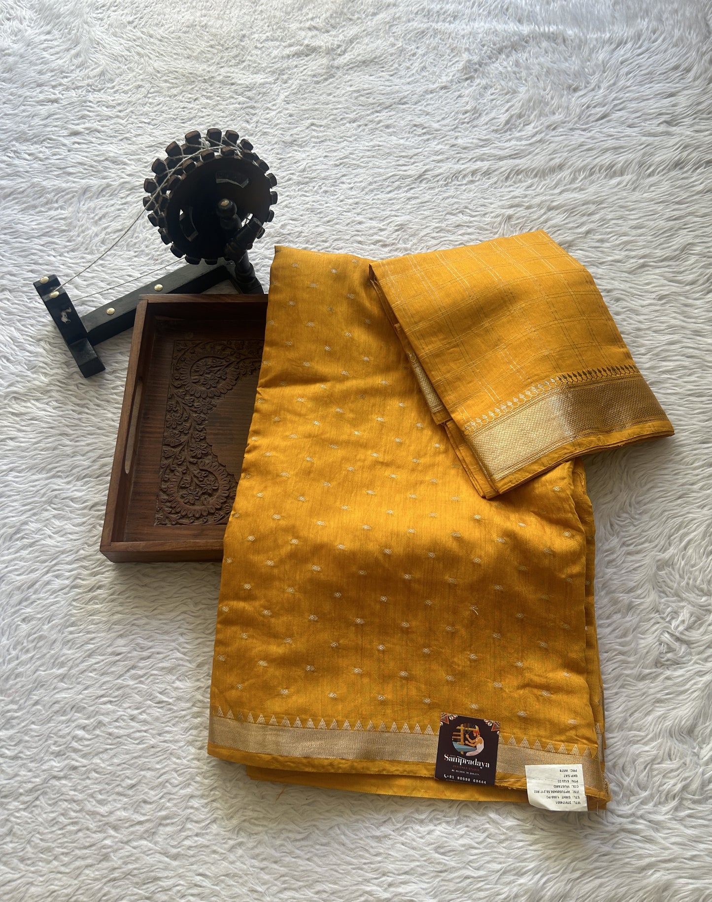 Tussar Silk Dress Material Yellow Colored Complemented with a Zari Border. - Sampradaya Designer Studio