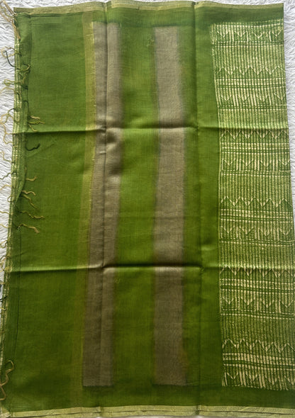 Chanderi Cotton Dress Material Green Colored Complemented with a Borderless. - Sampradaya Designer Studio