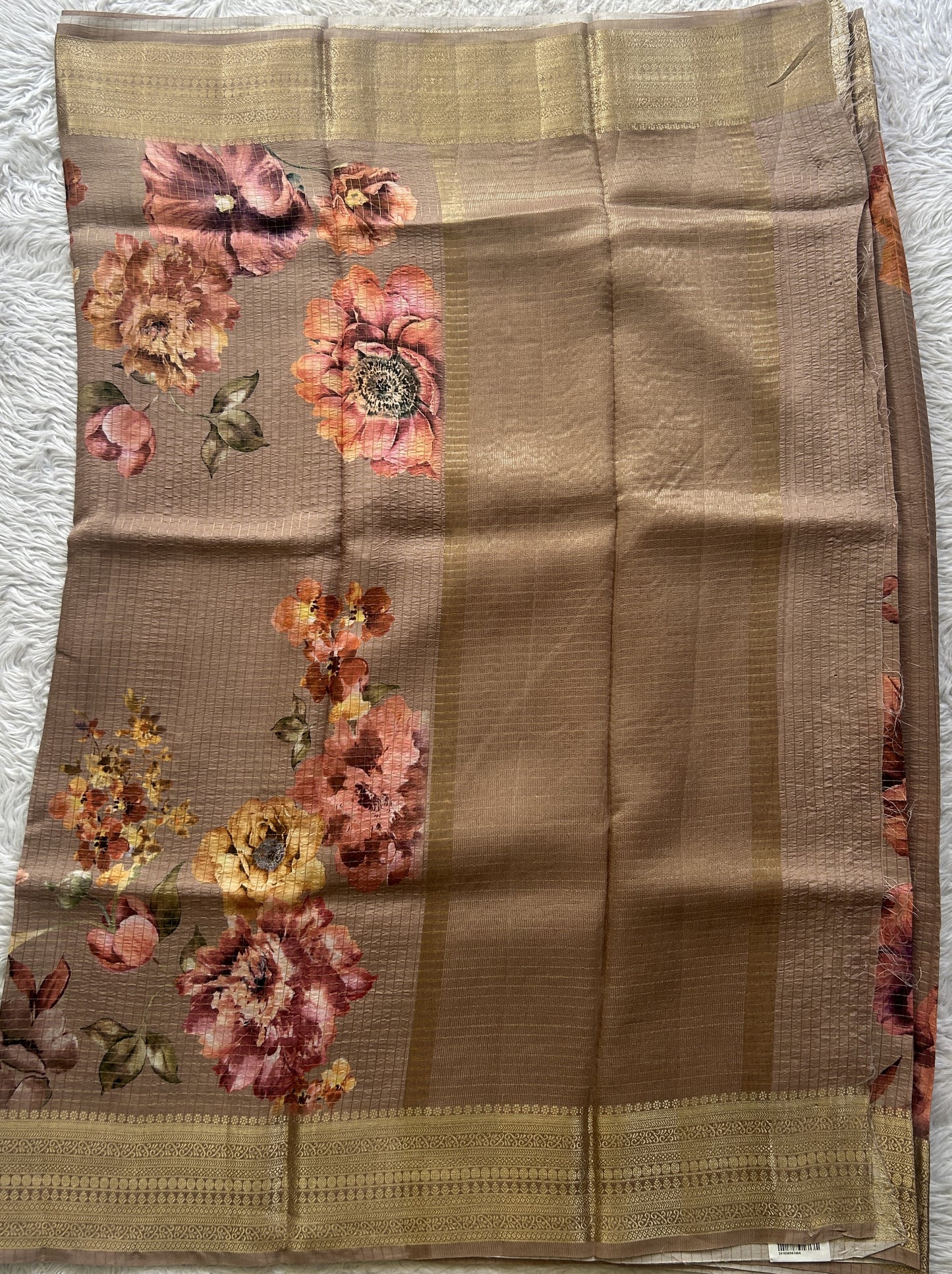 Dola Crepe Saree Light Brown Colored Elegantly Paired with a Zari Border. - Sampradaya Designer Studio