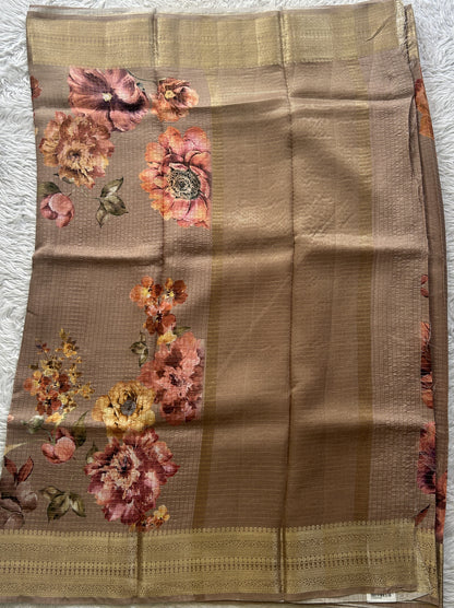Dola Crepe Saree Light Brown Colored Elegantly Paired with a Zari Border. - Sampradaya Designer Studio