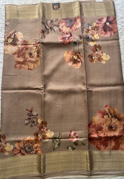 Dola Crepe Saree Light Brown Colored Elegantly Paired with a Zari Border. - Sampradaya Designer Studio