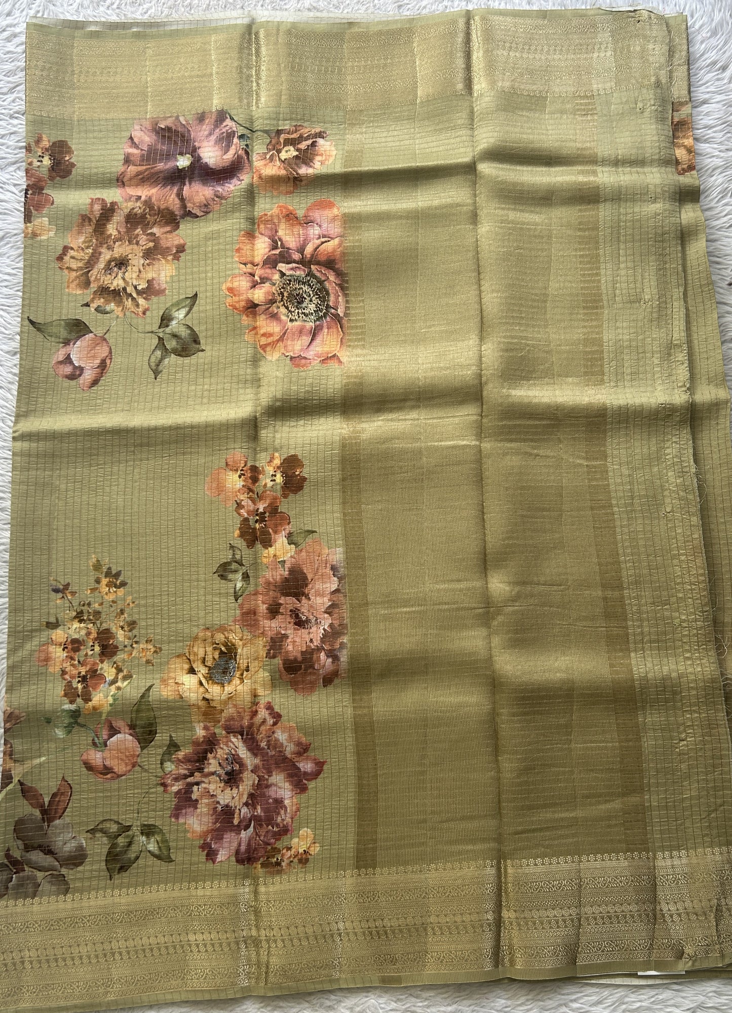 Dola Crepe Saree Pear Colored Elegantly Paired with a Zari Border. - Sampradaya Designer Studio