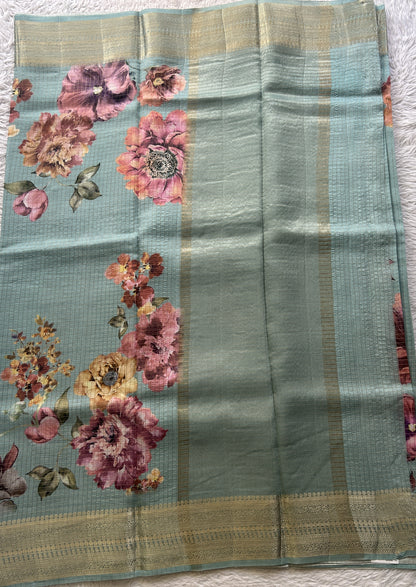 Dola Crepe Saree Aqua Blue Colored Elegantly Paired with a Zari Border. - Sampradaya Designer Studio