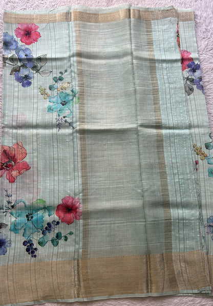 Dola Crepe Saree Light Sky Blue Colored Complemented with a Zari Border. - Sampradaya Designer Studio