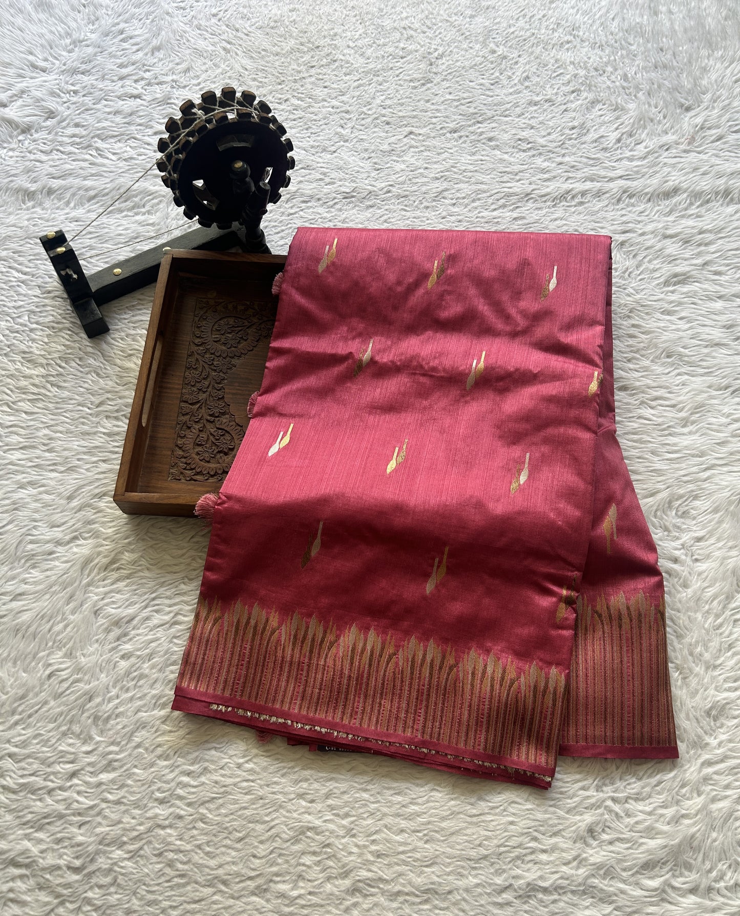 Semi Raw Silk Saree Pink Colored Elegantly Paired with a Zari Border. - Sampradaya Designer Studio