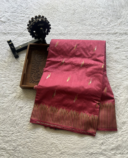 Semi Raw Silk Saree Pink Colored Elegantly Paired with a Zari Border. - Sampradaya Designer Studio