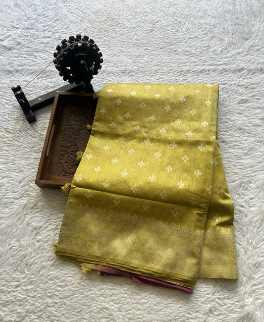 Semi Raw Silk Saree Neon Green Colored Elegantly Paired with a Zari Border. - Sampradaya Designer Studio