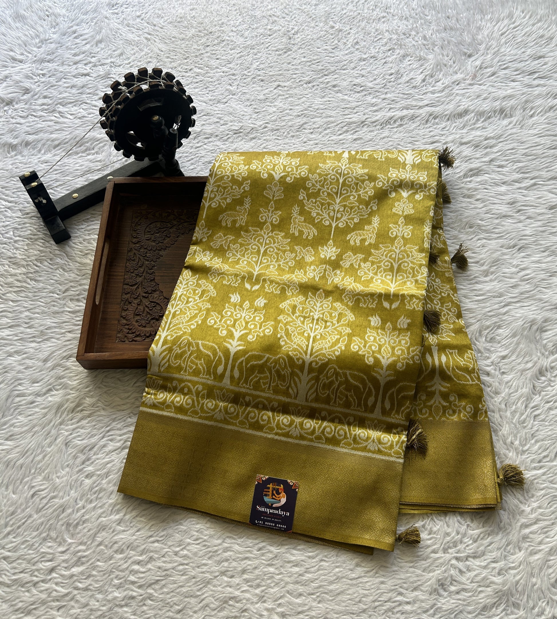 Semi Raw Silk Allover Saree Mustard Green Colored Elegantly Paired with a Zari Border. - Sampradaya Designer Studio