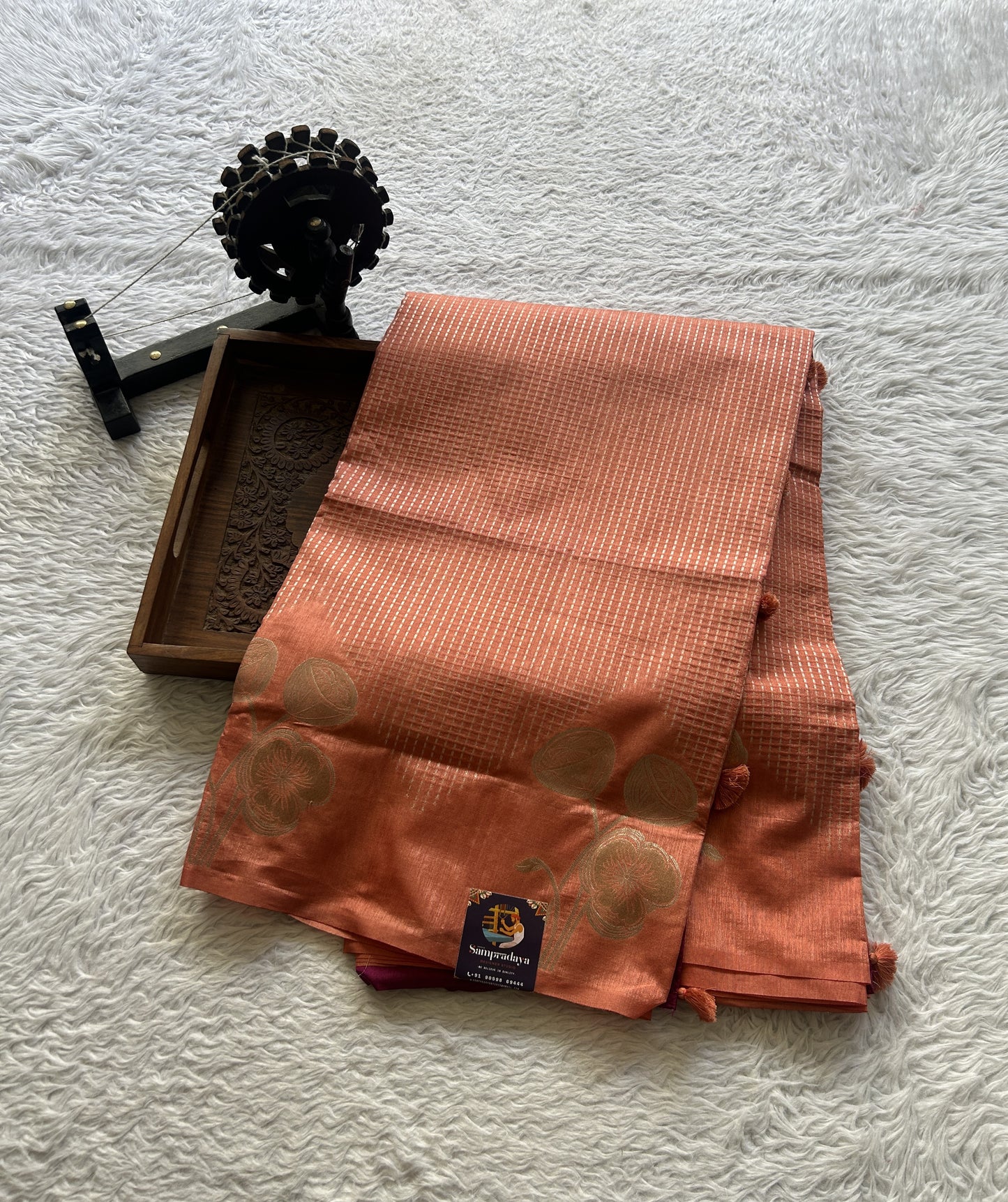 Semi Raw Silk Saree Peach Colored Elegantly Paired with a Zari Border. - Sampradaya Designer Studio