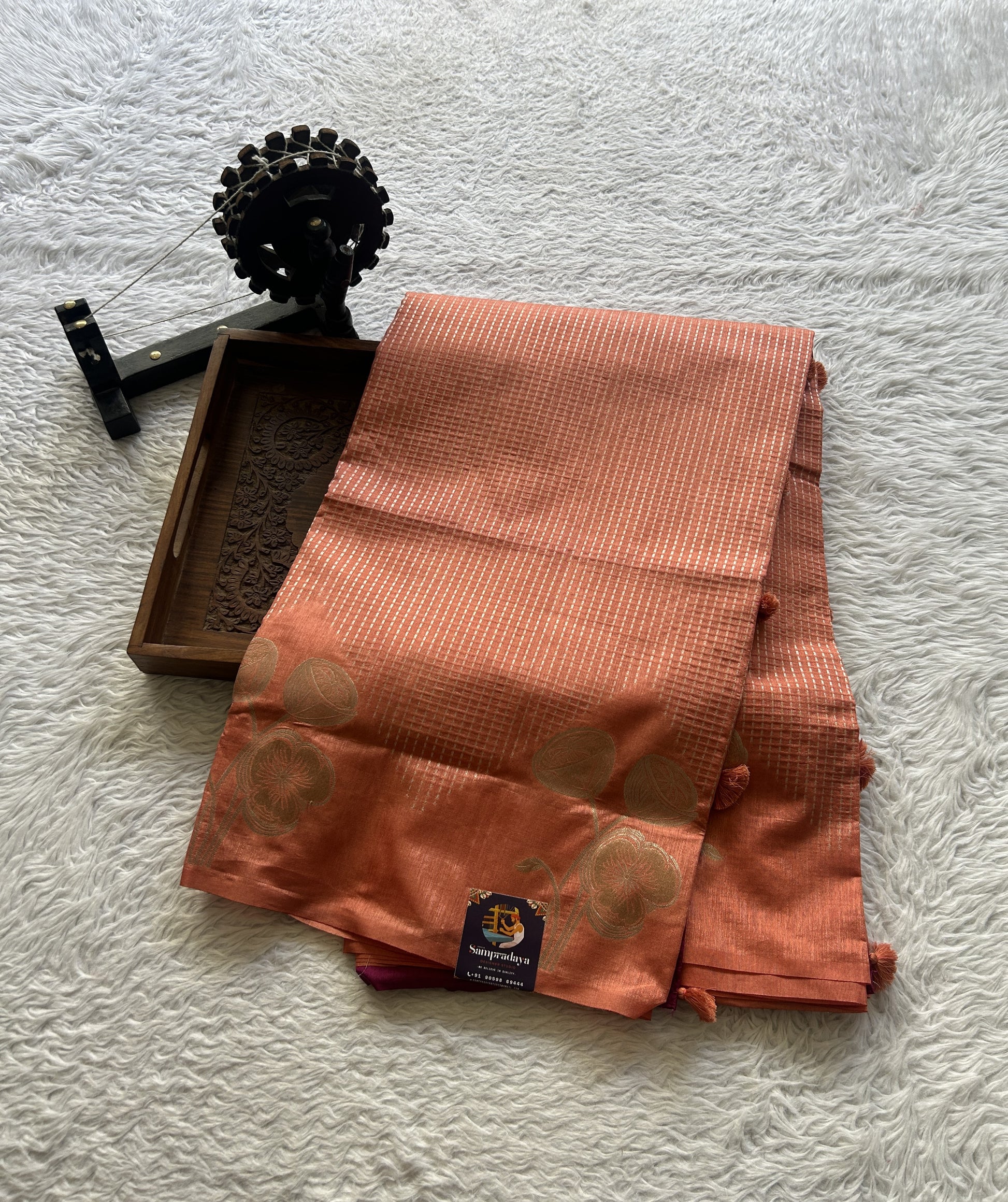Semi Raw Silk Saree Peach Colored Elegantly Paired with a Zari Border. - Sampradaya Designer Studio