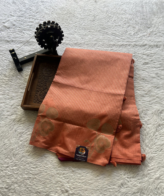 Semi Raw Silk Saree Peach Colored Elegantly Paired with a Zari Border. - Sampradaya Designer Studio