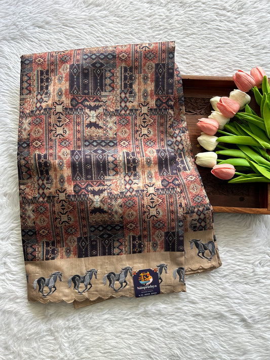 Semi Tussar Saree Light Maroon Colored complemented with a Beige Color Scallop Border. - Sampradaya Designer Studio