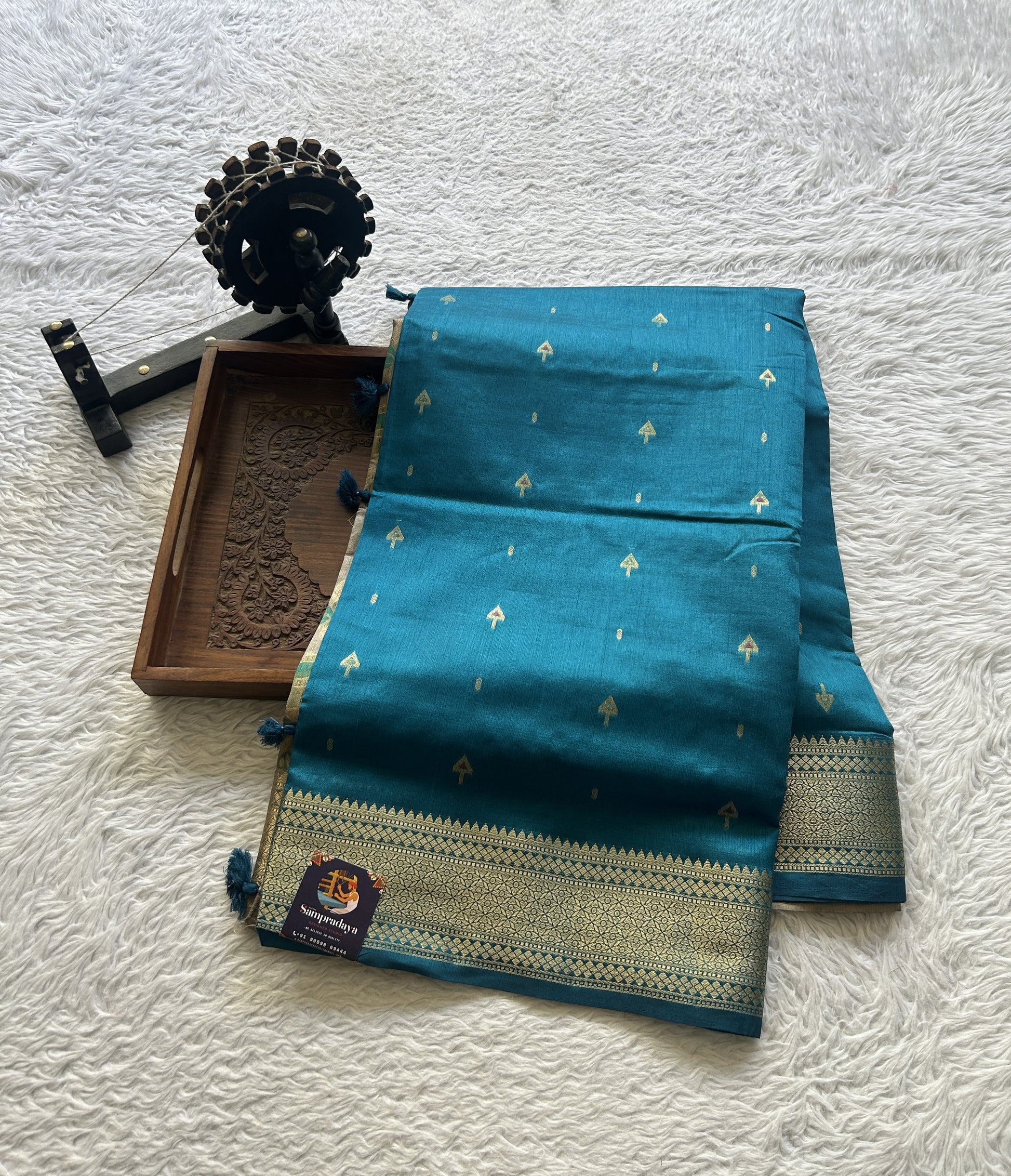 Semi Raw Silk Saree Blue Colored Elegantly Paired with a Zari Border. - Sampradaya Designer Studio