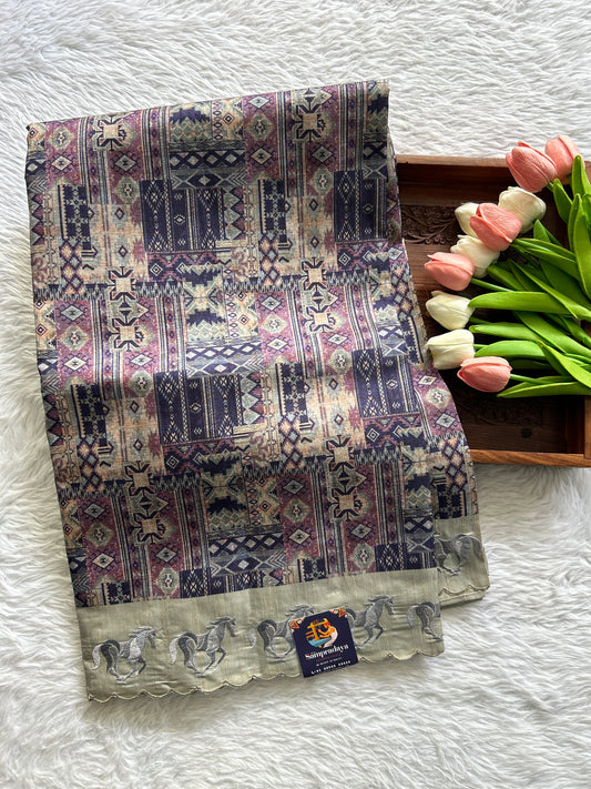 Semi Tussar Saree Purple Colored complemented with a Light Olive Green Color Scallop Border. - Sampradaya Designer Studio