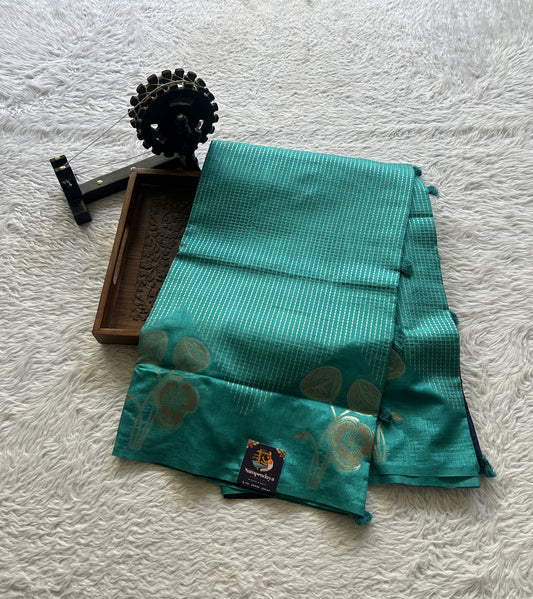 Semi Raw Silk Saree Sea Blue Colored Elegantly Paired with a Zari Border. - Sampradaya Designer Studio