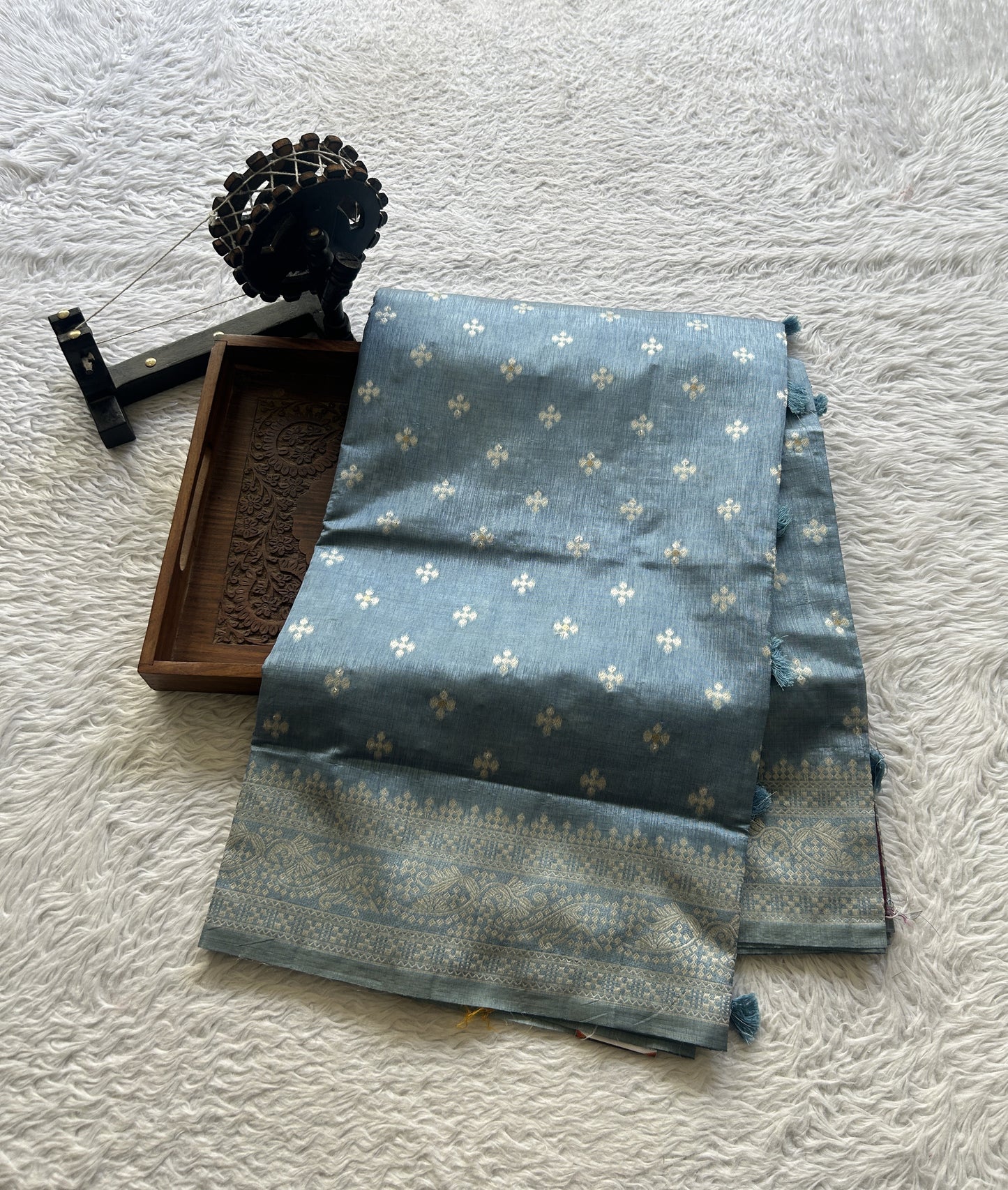Semi Raw Silk Saree Baby Blue Colored Elegantly Paired with a Zari Border. - Sampradaya Designer Studio