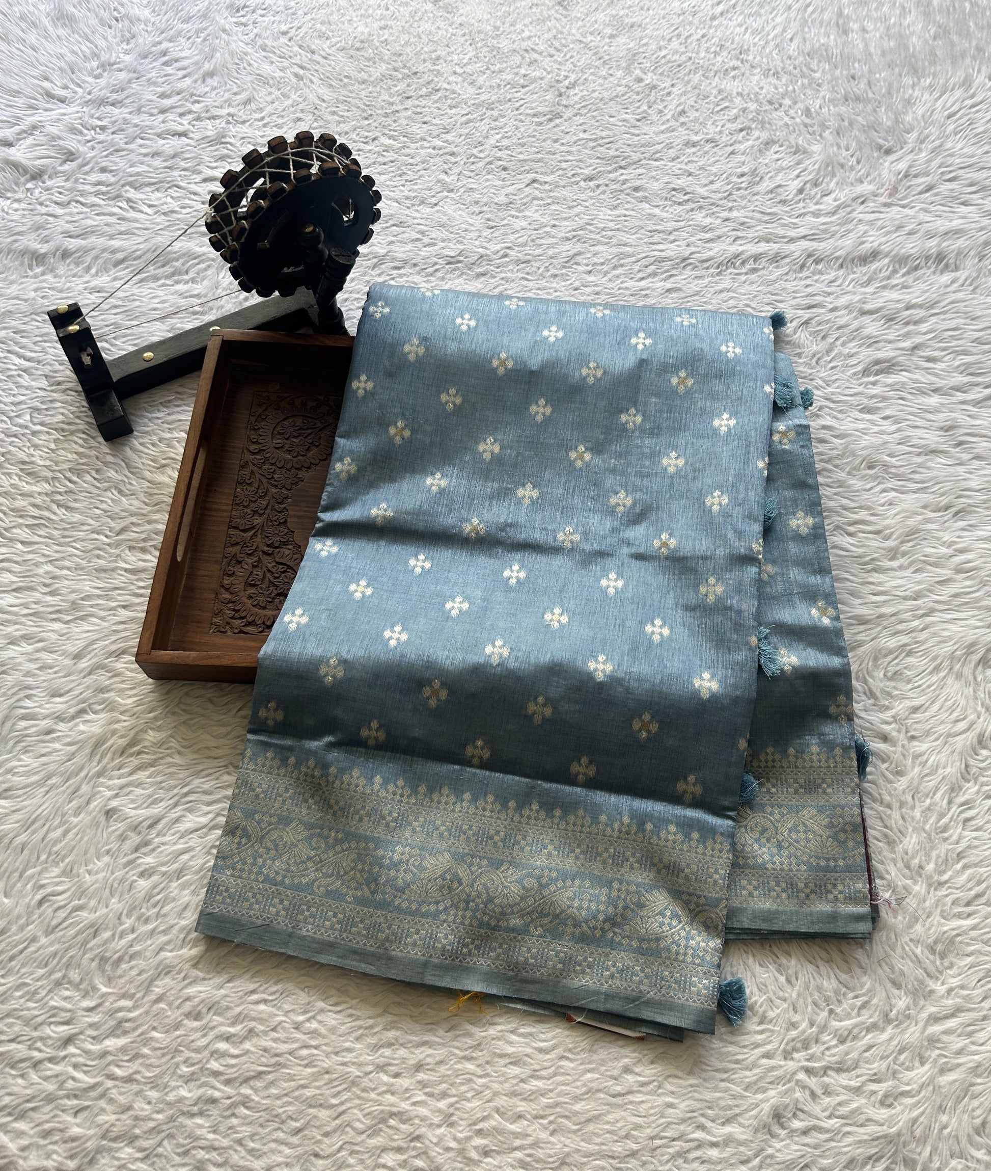 Semi Raw Silk Saree Baby Blue Colored Elegantly Paired with a Zari Border. - Sampradaya Designer Studio
