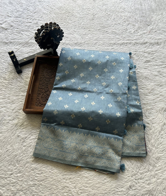 Semi Raw Silk Saree Baby Blue Colored Elegantly Paired with a Zari Border. - Sampradaya Designer Studio