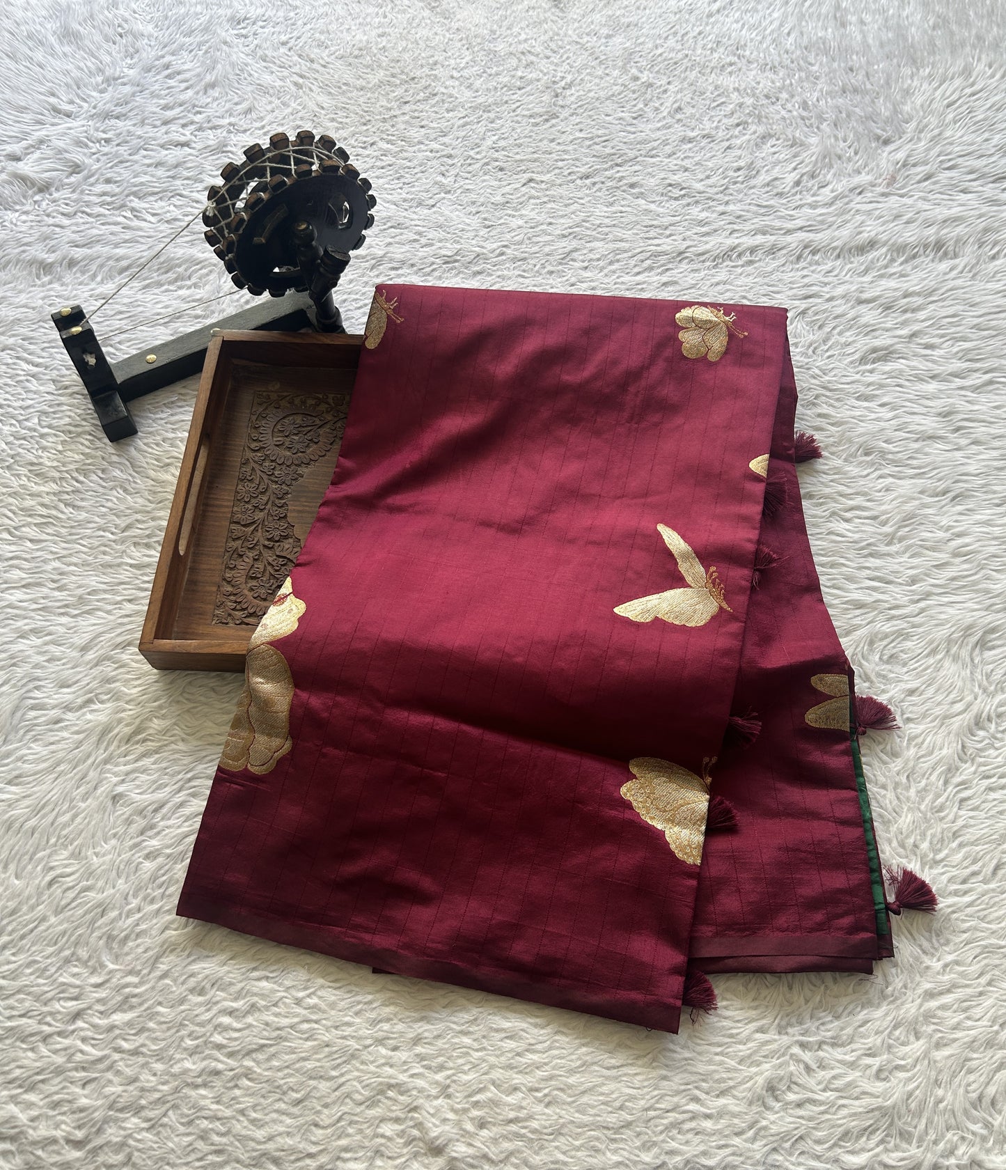 Semi Raw Silk Saree Wine Colored Elegantly Paired with a Borderless. - Sampradaya Designer Studio