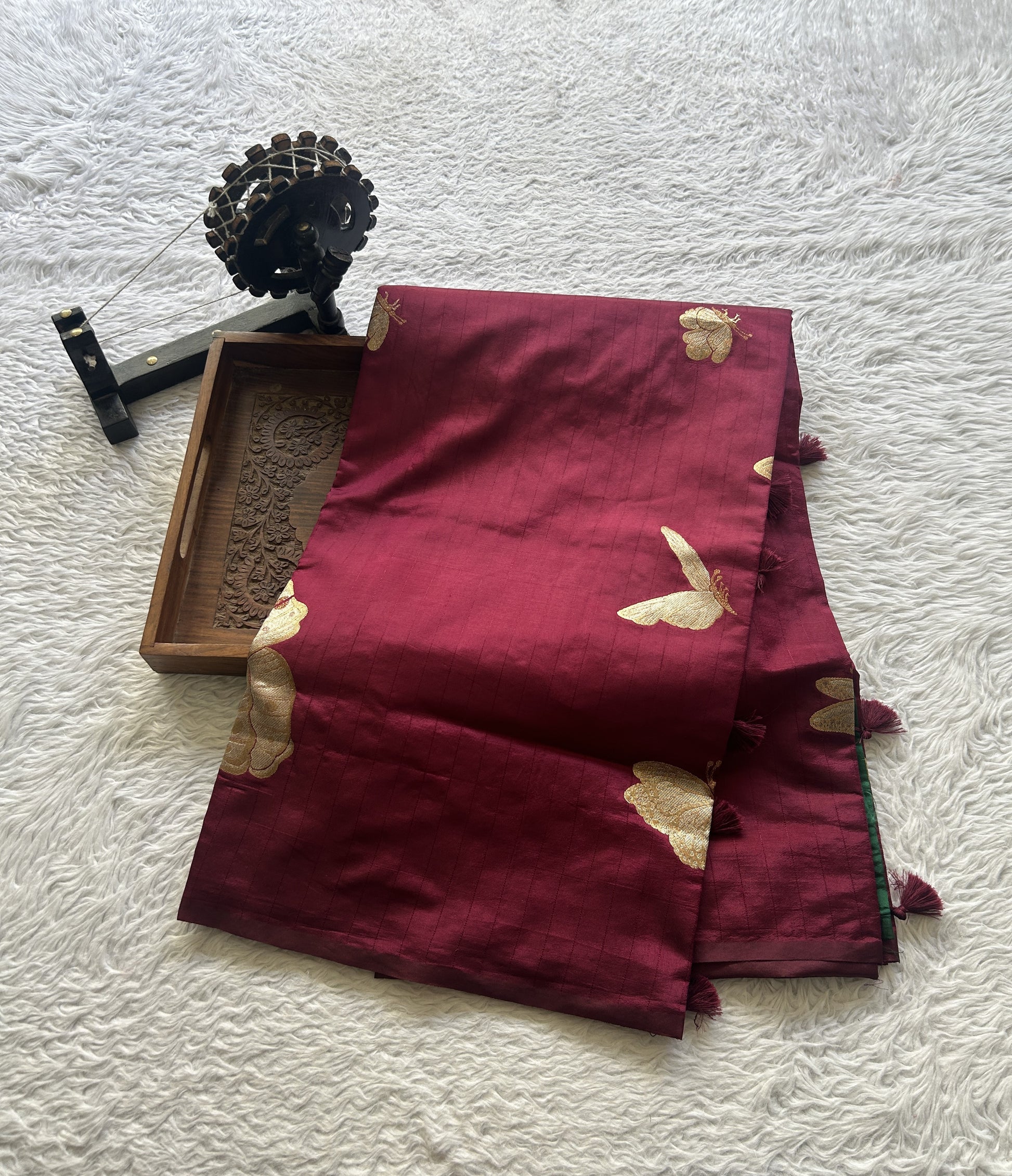 Semi Raw Silk Saree Wine Colored Elegantly Paired with a Borderless. - Sampradaya Designer Studio