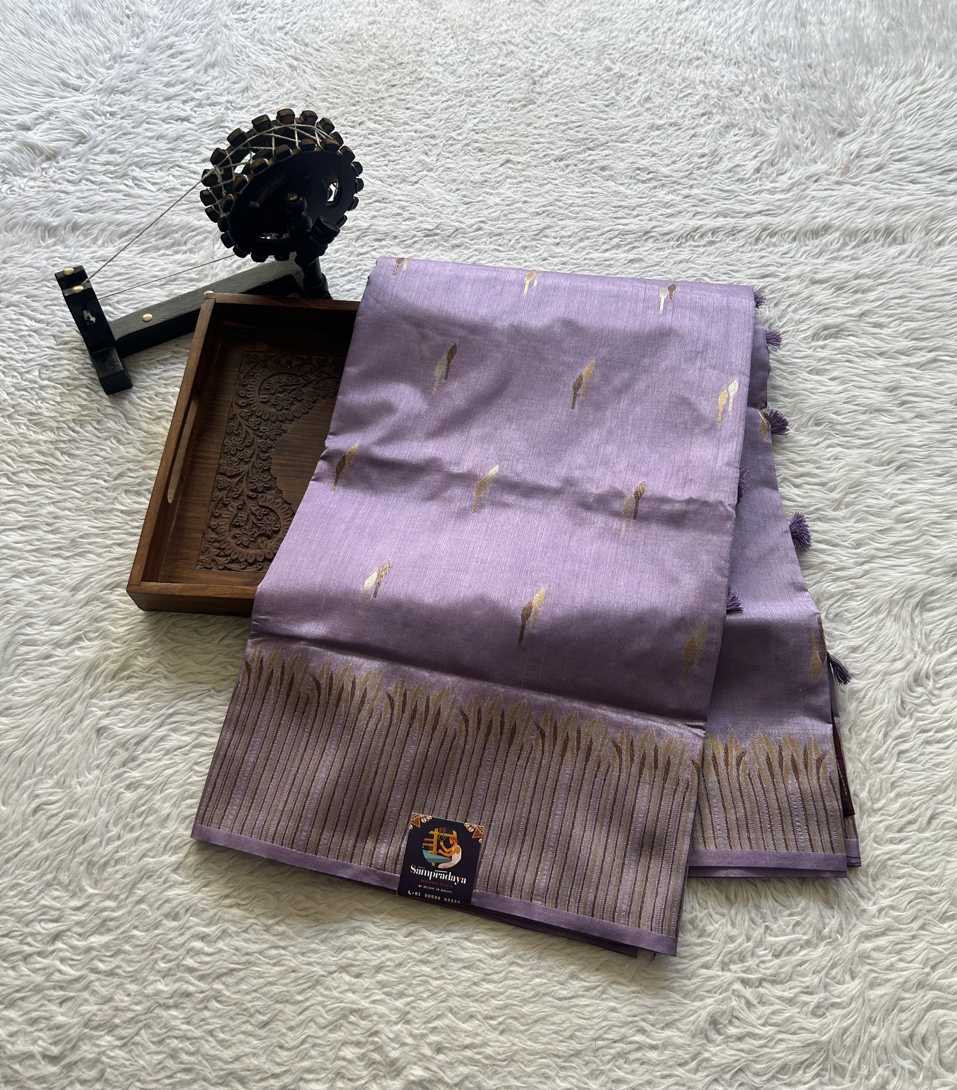 Semi Raw Silk Saree Lilac Colored Elegantly Paired with a Zari Border. - Sampradaya Designer Studio