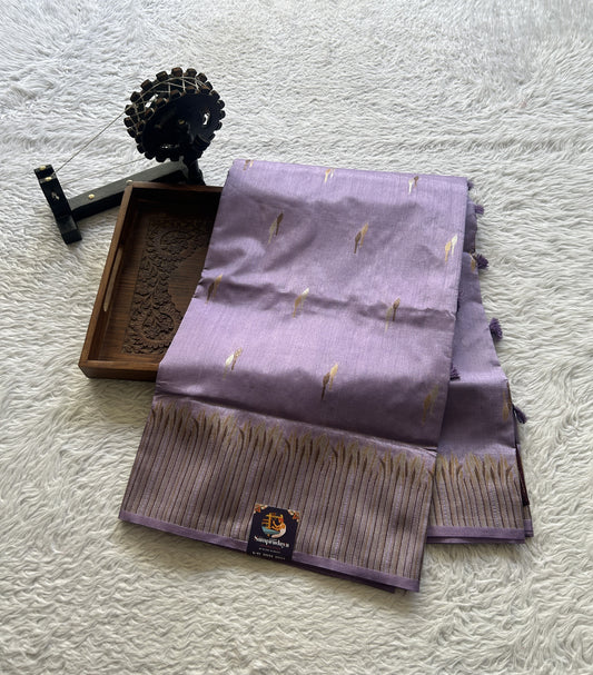 Semi Raw Silk Saree Lilac Colored Elegantly Paired with a Zari Border. - Sampradaya Designer Studio