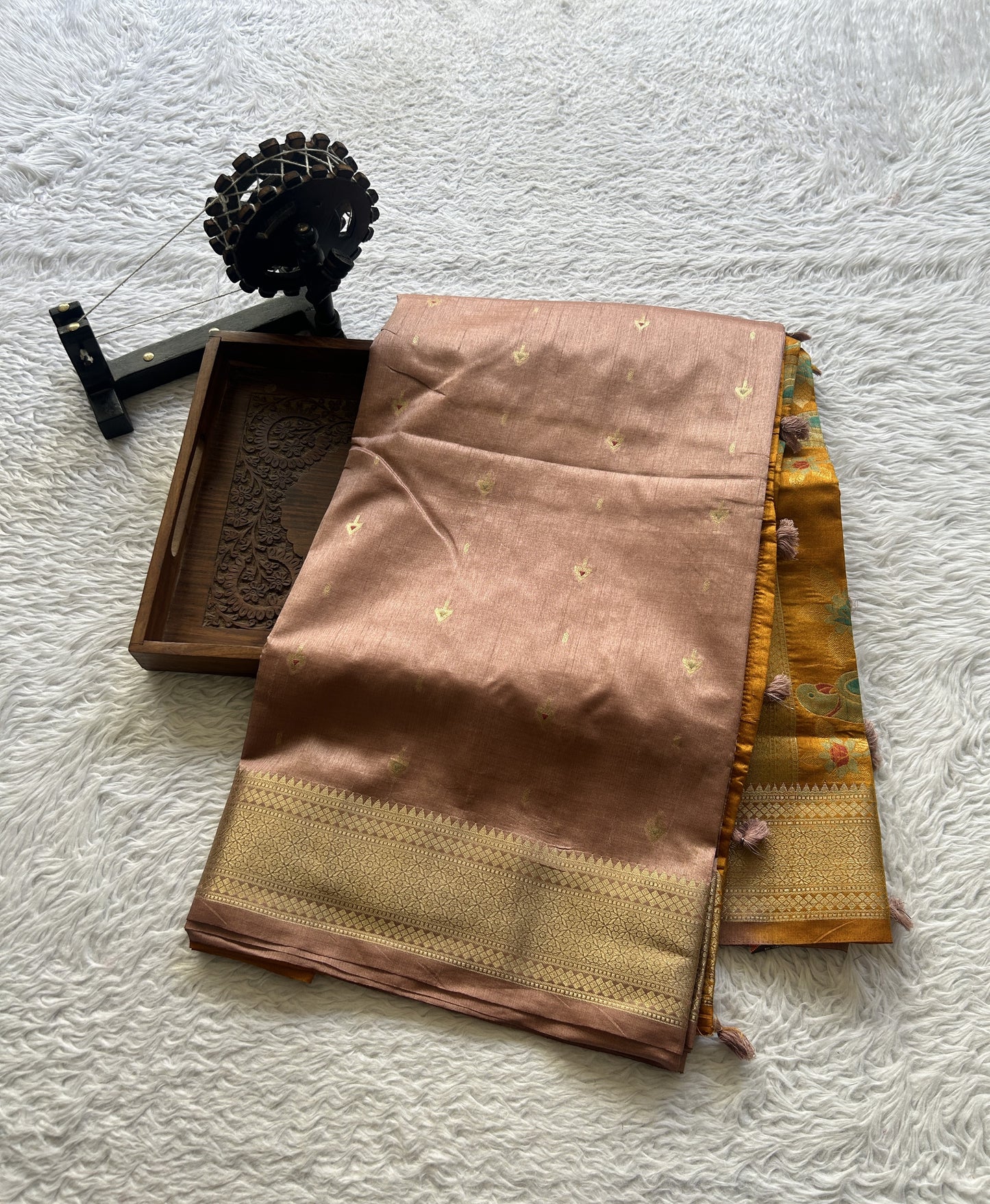Semi Raw Silk Saree Salmon Colored Elegantly Paired with a Zari Border. - Sampradaya Designer Studio