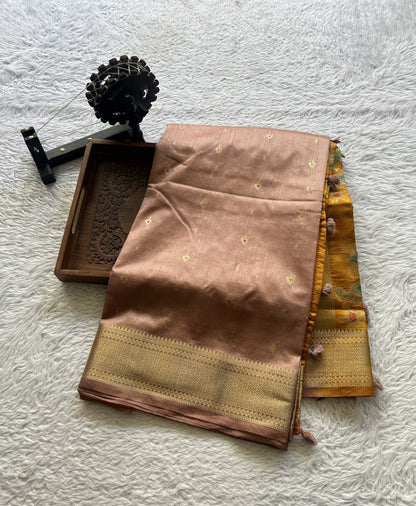 Semi Raw Silk Saree Salmon Colored Elegantly Paired with a Zari Border. - Sampradaya Designer Studio