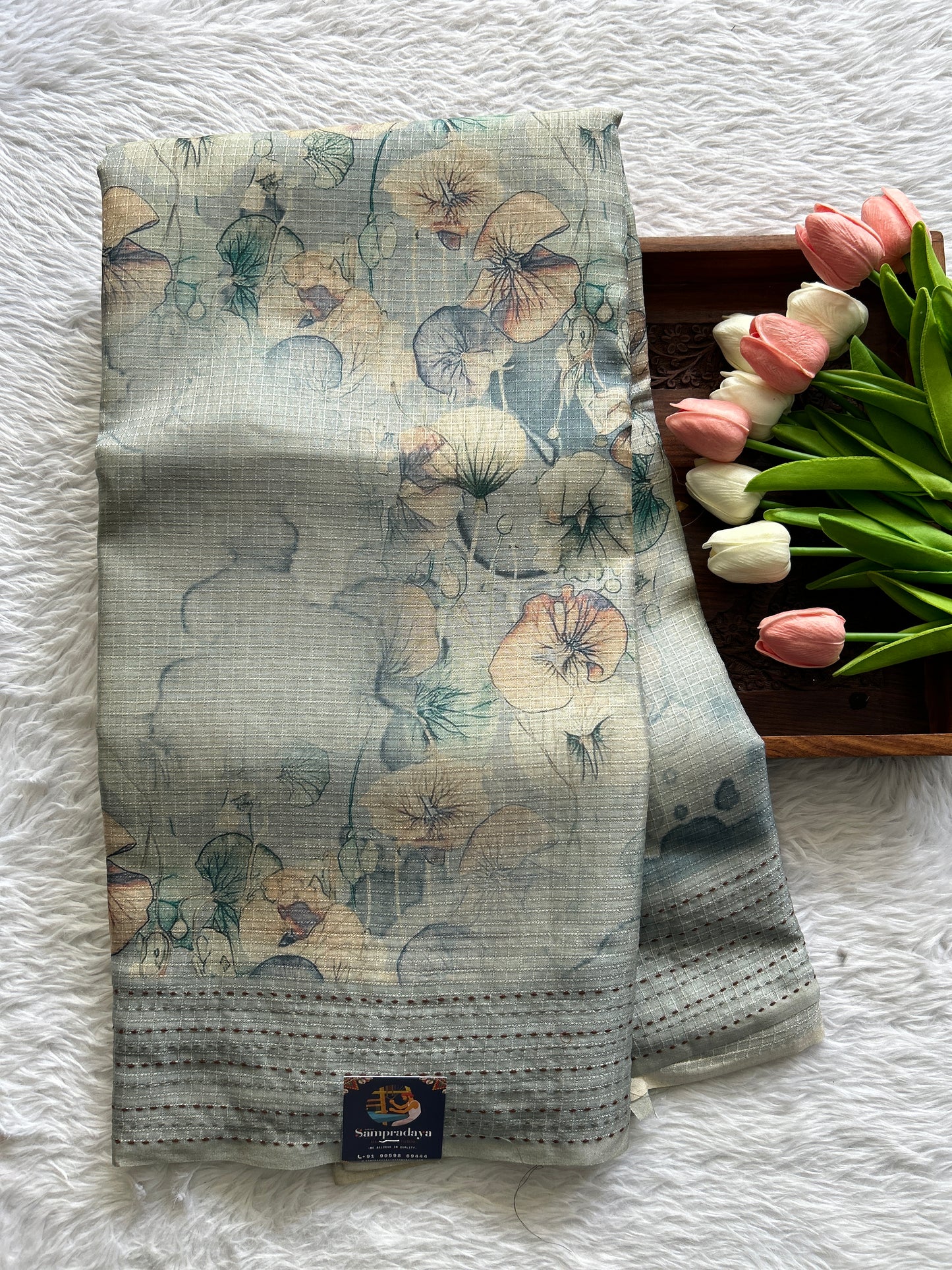 Semi Tussar Saree Light Blue Colored complemented with a Thread Embroidery Border. - Sampradaya Designer Studio