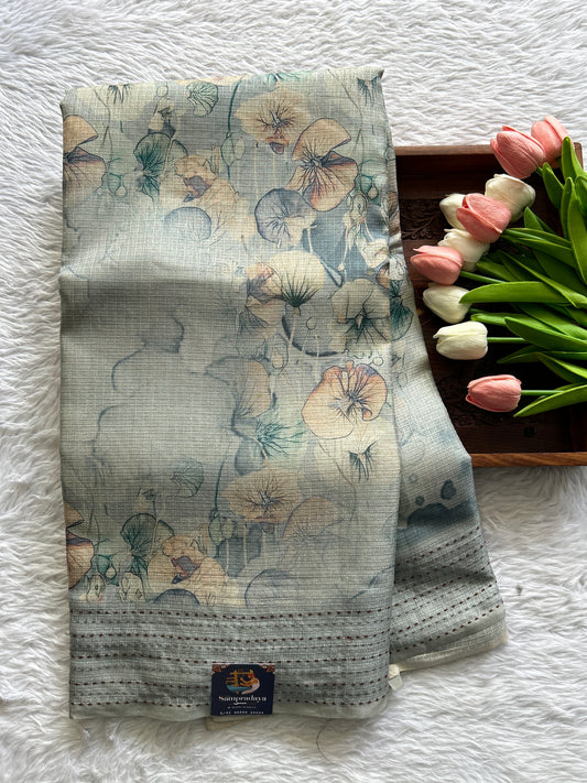 Semi Tussar Saree Light Blue Colored complemented with a Thread Embroidery Border. - Sampradaya Designer Studio
