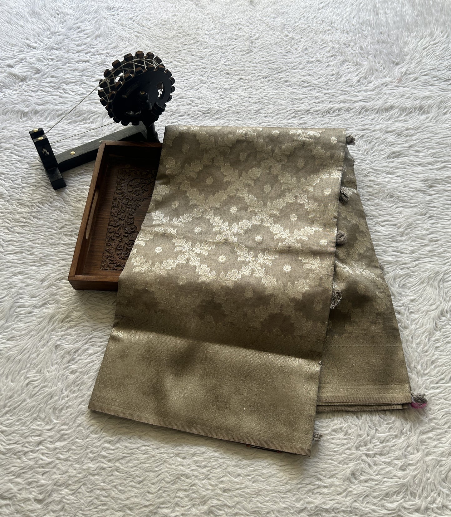 Semi Raw Silk Allover Saree Khaki Colored Elegantly Paired with a Zari Border. - Sampradaya Designer Studio