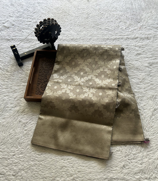 Semi Raw Silk Allover Saree Khaki Colored Elegantly Paired with a Zari Border. - Sampradaya Designer Studio