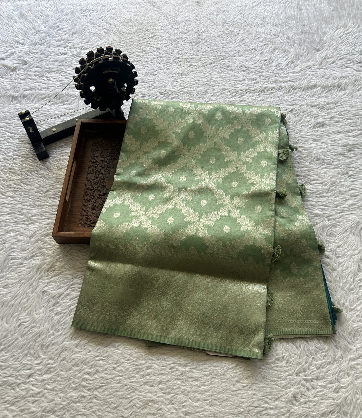 Semi Raw Silk Allover Saree Mint Green Colored Elegantly Paired with a Zari Border. - Sampradaya Designer Studio