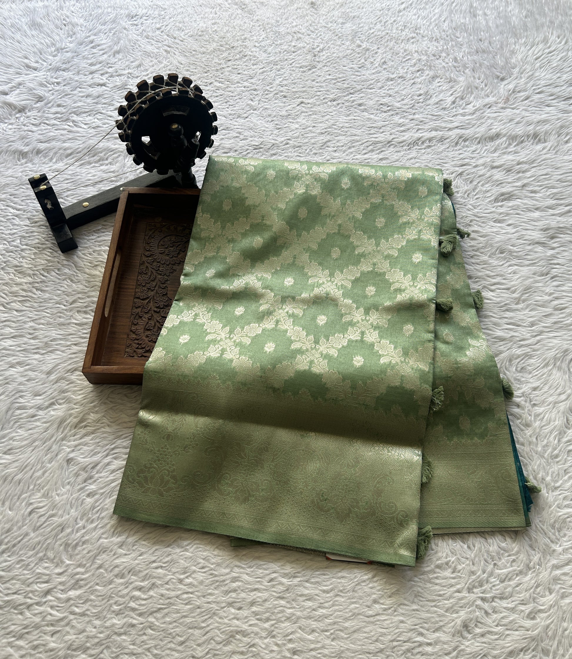 Semi Raw Silk Allover Saree Mint Green Colored Elegantly Paired with a Zari Border. - Sampradaya Designer Studio