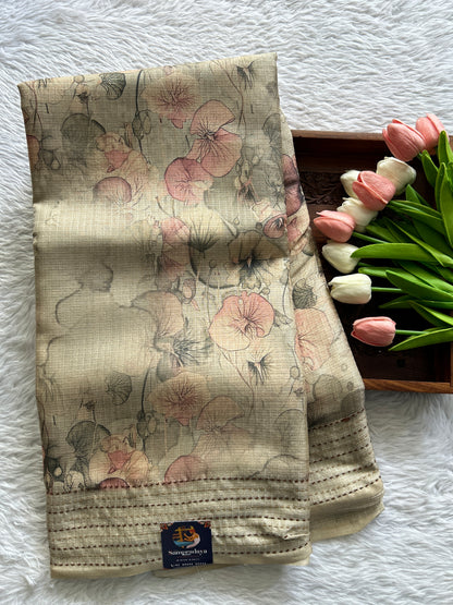 Semi Tussar Saree Light Olive Green Colored complemented with a Thread Embroidery Border. - Sampradaya Designer Studio