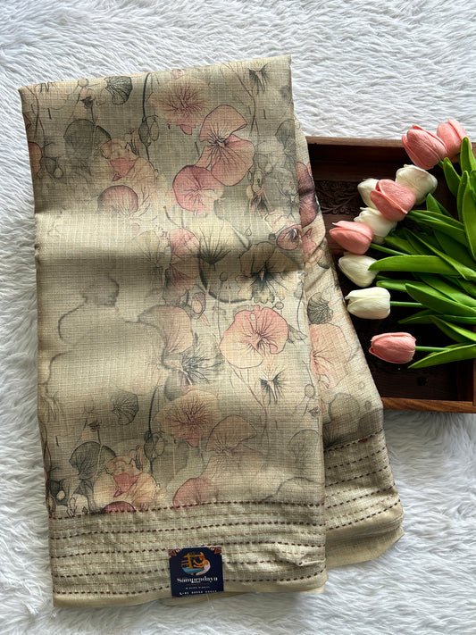 Semi Tussar Saree Light Olive Green Colored complemented with a Thread Embroidery Border. - Sampradaya Designer Studio