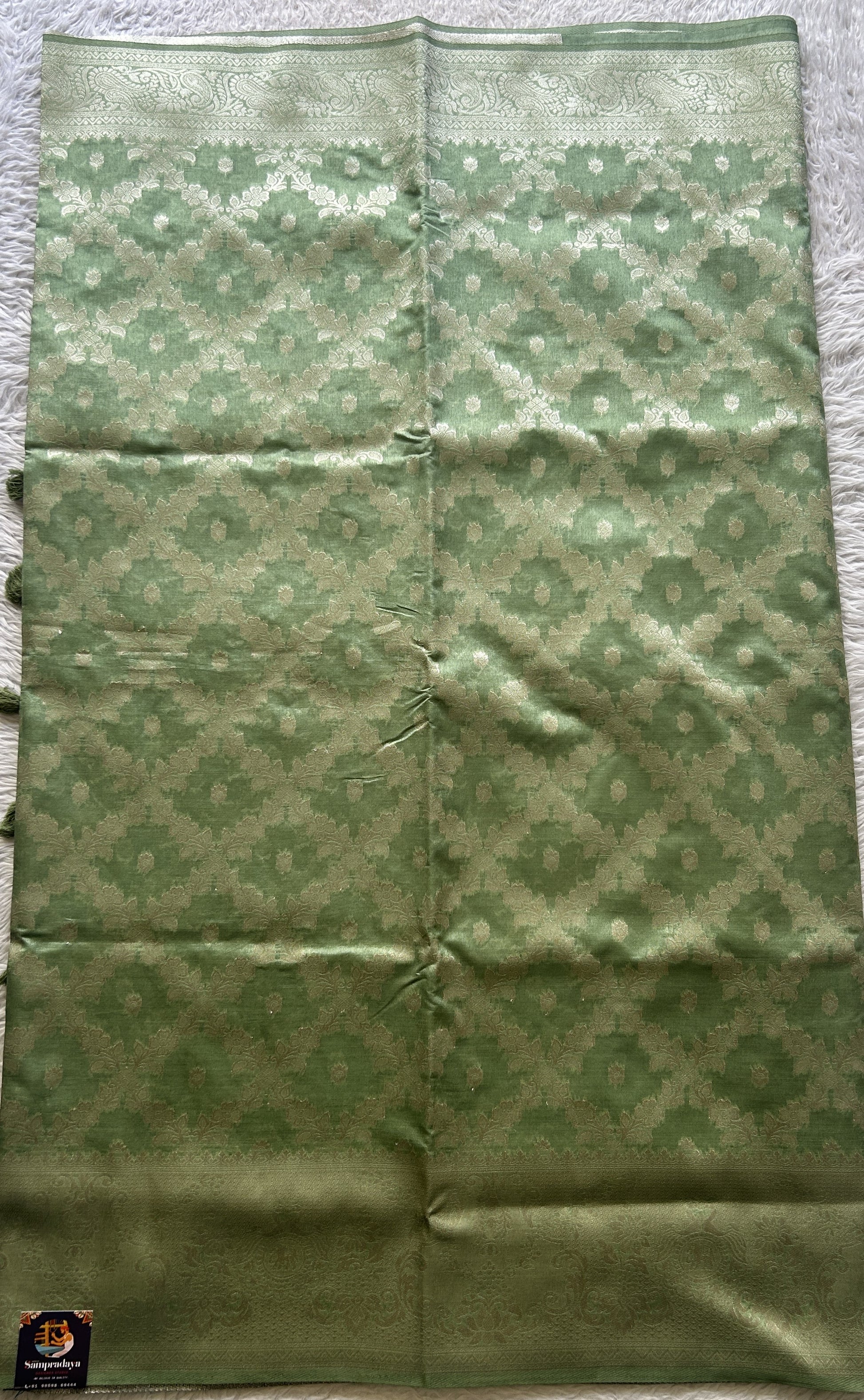 Semi Raw Silk Allover Saree Mint Green Colored Elegantly Paired with a Zari Border. - Sampradaya Designer Studio