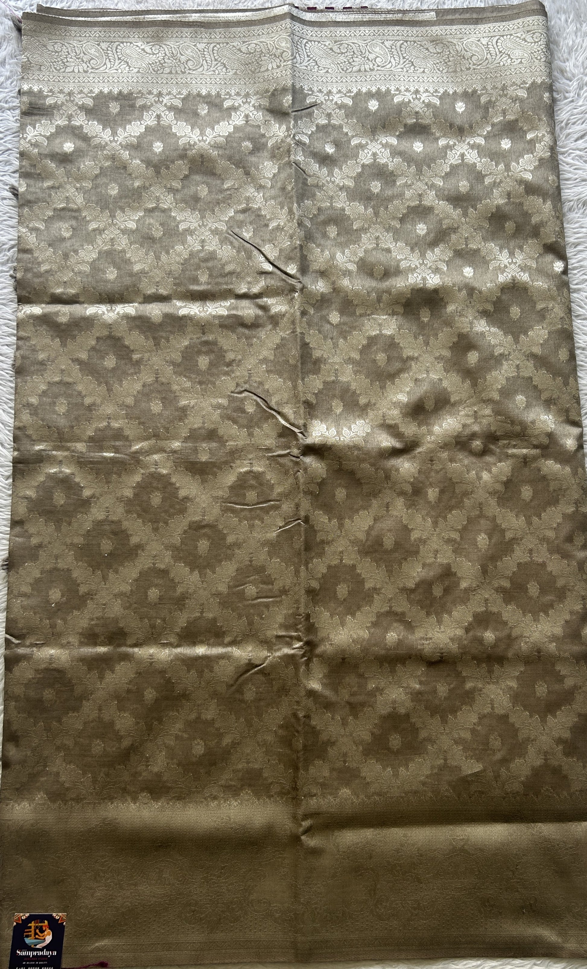 Semi Raw Silk Allover Saree Khaki Colored Elegantly Paired with a Zari Border. - Sampradaya Designer Studio