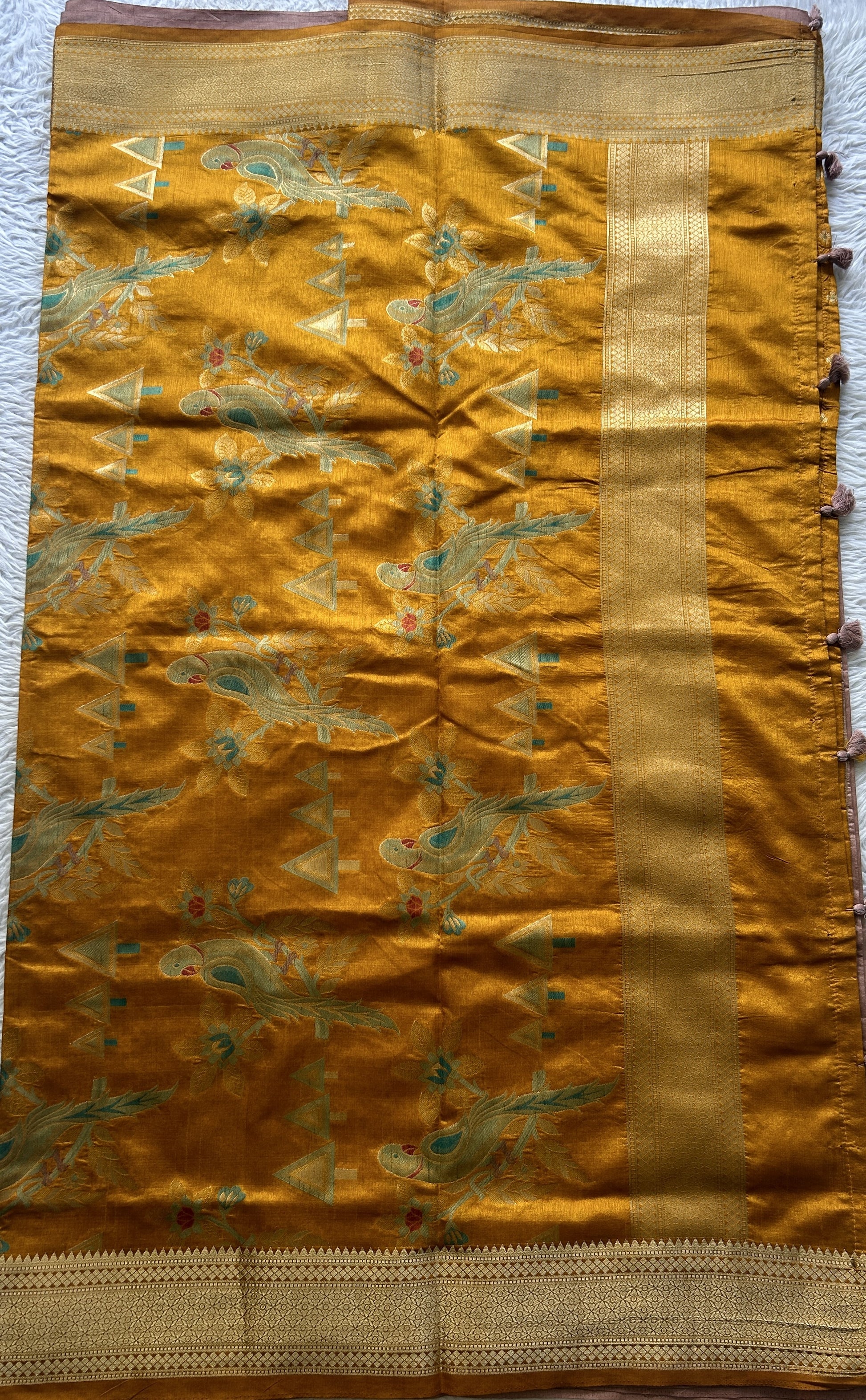 Semi Raw Silk Saree Salmon Colored Elegantly Paired with a Zari Border. - Sampradaya Designer Studio