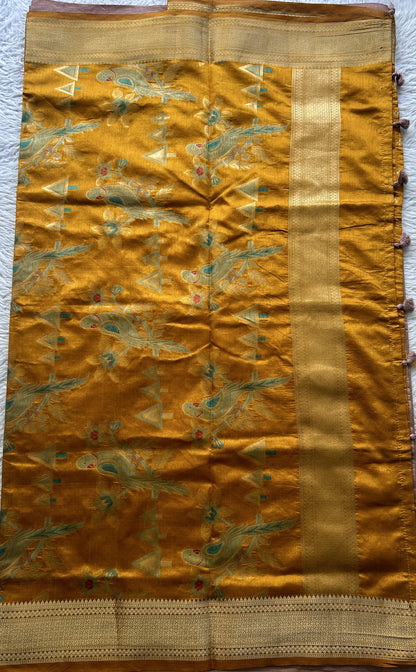 Semi Raw Silk Saree Salmon Colored Elegantly Paired with a Zari Border. - Sampradaya Designer Studio