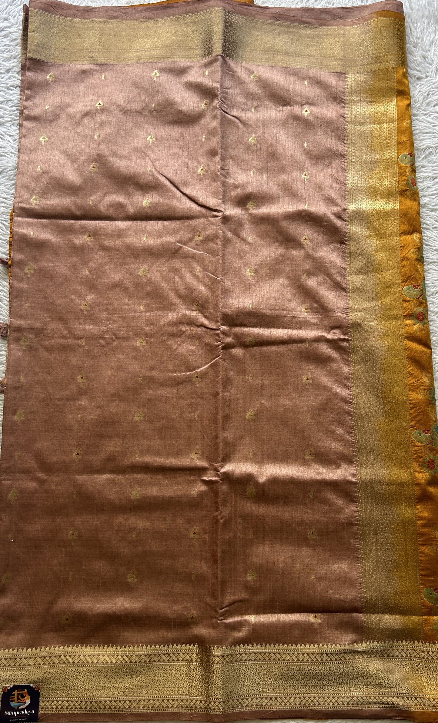 Semi Raw Silk Saree Salmon Colored Elegantly Paired with a Zari Border. - Sampradaya Designer Studio