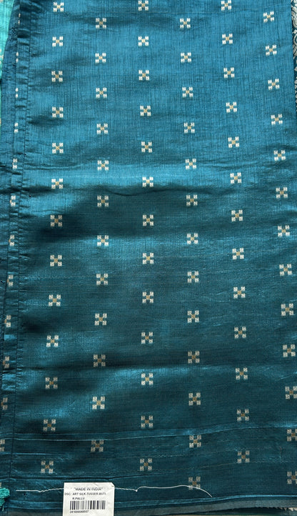 Semi Raw Silk Saree Turquoise Colored Elegantly Paired with a Zari Border. - Sampradaya Designer Studio