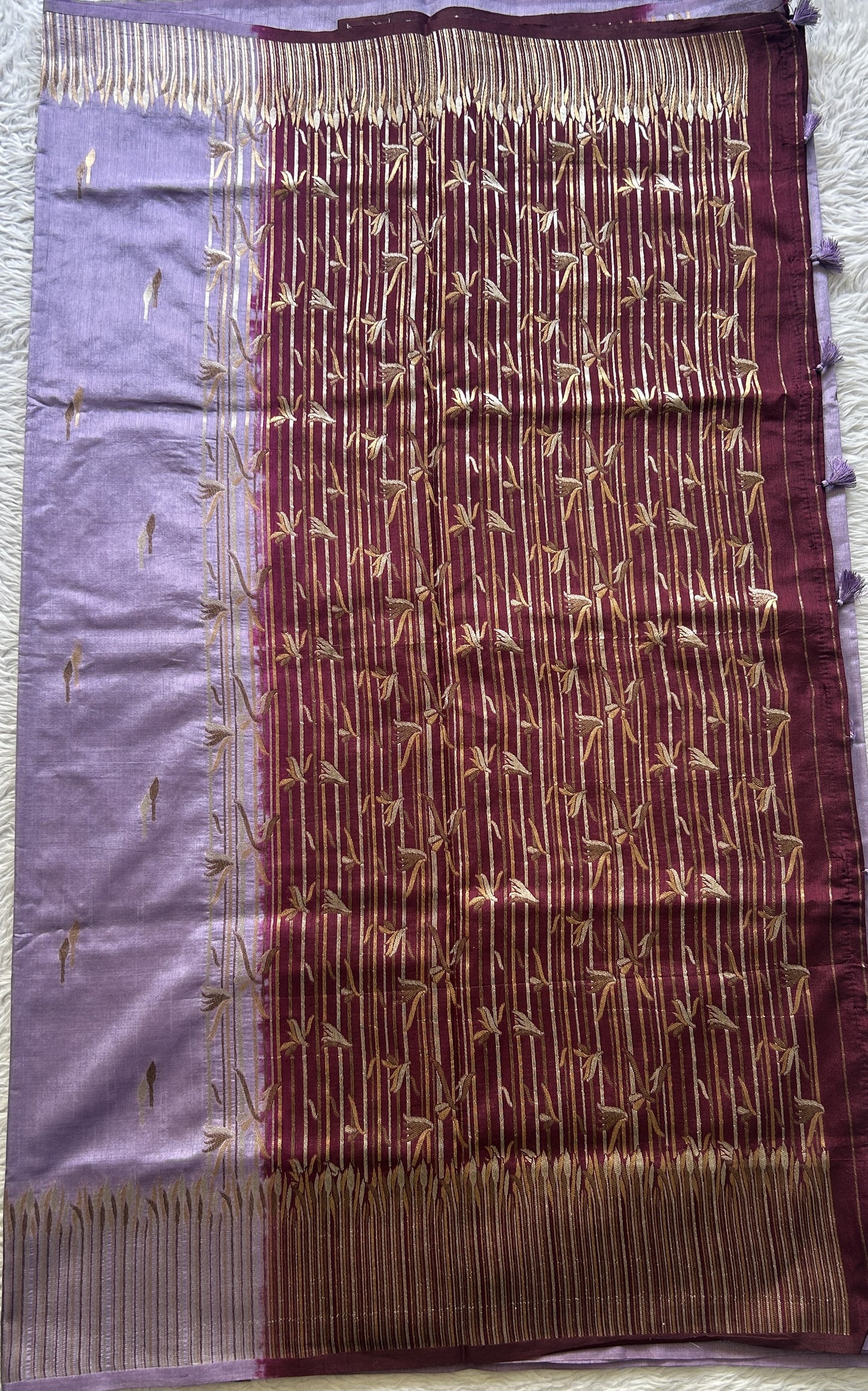 Semi Raw Silk Saree Lilac Colored Elegantly Paired with a Zari Border. - Sampradaya Designer Studio