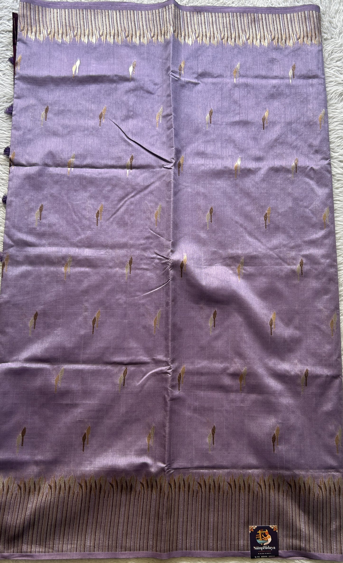 Semi Raw Silk Saree Lilac Colored Elegantly Paired with a Zari Border. - Sampradaya Designer Studio